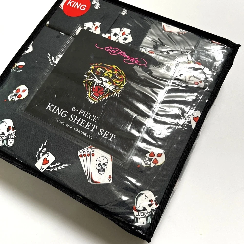 NWT Ed Hardy 6pc KING Sheet Set Skull Poker Cards Dice Americana Tattoo Bedding